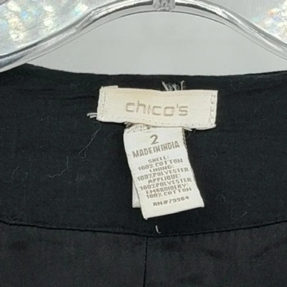 Chico's Black White Beaded Open Front Jacket‎ Blazer Career Casual Size 2
